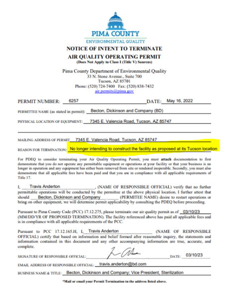 Picture shows Notice of Intent to Terminate Air Quality Operating Permit issued by Pima County