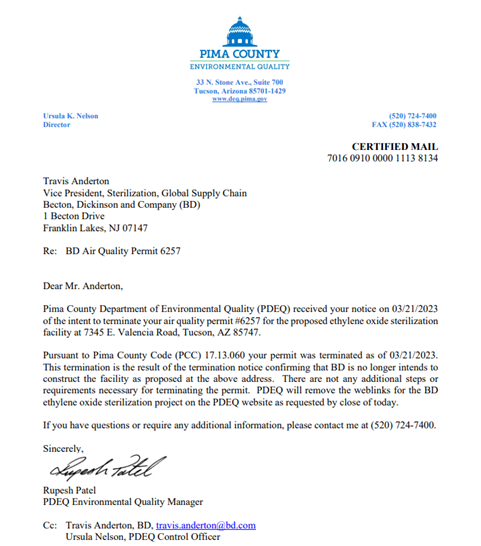 Picture shows the letter from Pima County Environmental Quality that confirms the termination