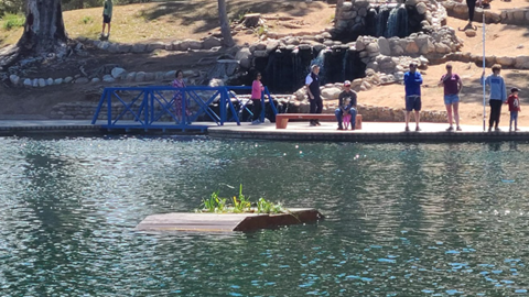 Picture shows raft floating out in the lake at the Reid Park