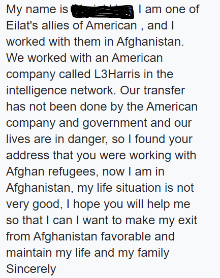Picture showing a chat from a lady in Afghanistan who tries to get out