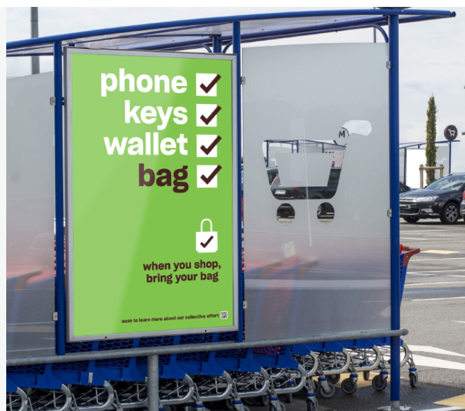 Picture of a Bus Stop advertising reminders that Reads: Phone, keys, wallet, bag with a check mark next to each 