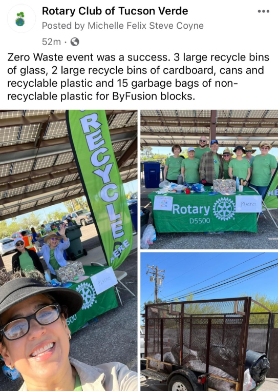 Post about the Rotary Club of Tucson Verde showing the Zero Waste event 