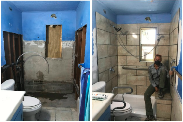 Picture of side by side of before and after picture of safety remodel showing grab bars and walk in shower