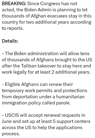 Media Post, stating the Biden Administration planning to let thousands of Afghan evacuees stay in the country for two additional years