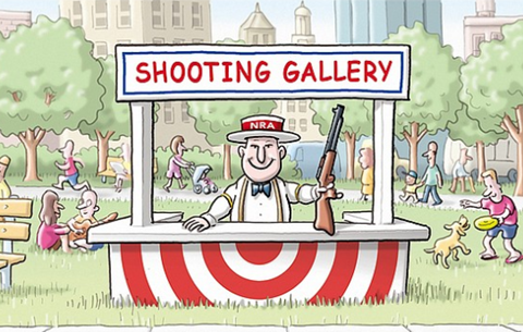Cartoon of a concession stand labeled SHOOTING GALLERY