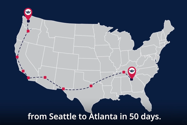 The Team RWB map showing the relay from Seattle to Atlanta in 50 days