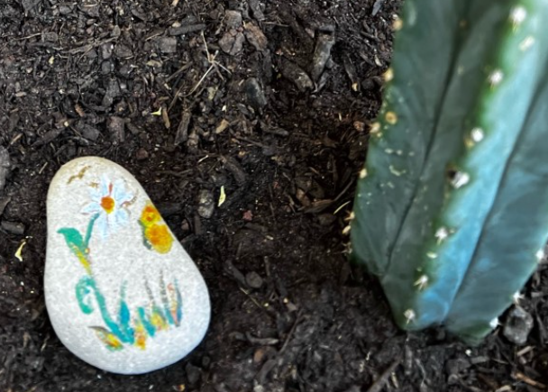 Flower painted rock placed in the planter 