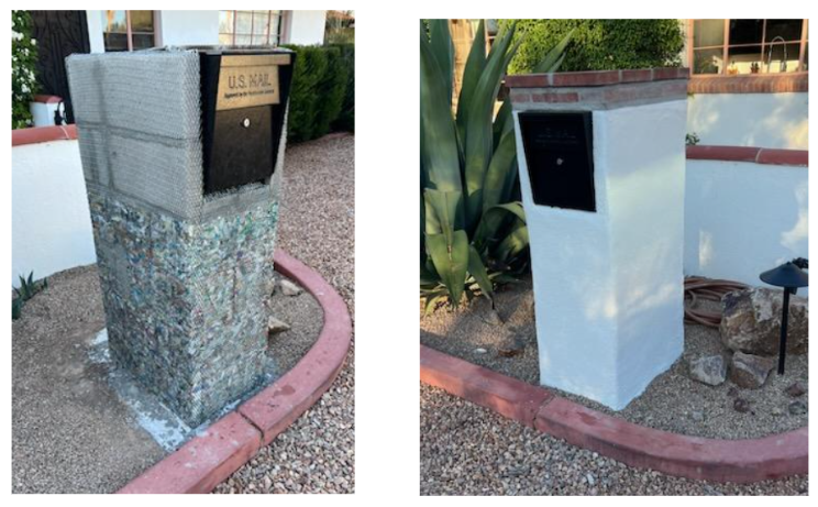 A mailbox was built using the blocks, the picture shows before and after layered with stucco