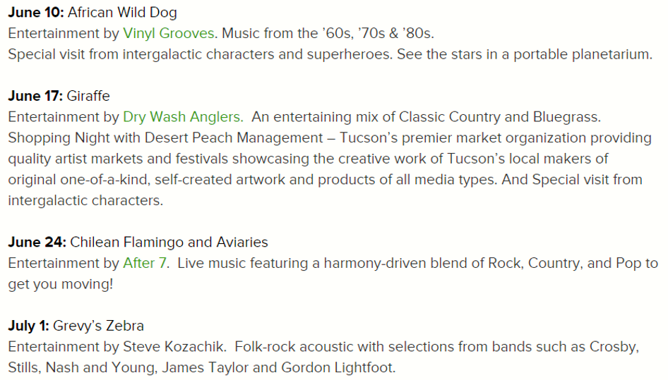 listing of what you can expect for each of the next 4 Safari nights at Zoo