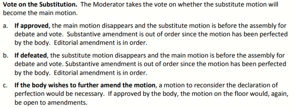 Process for vote on the substitution