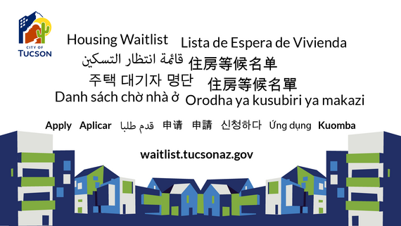 Word cloud saying Housing Waitlist in various languages. 