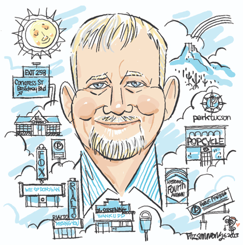 Cartoon of Donovan Durband with some graphic of of things he likes, his work, and Downtown landmarks