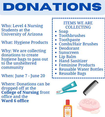 Donations flyer with list of of items that UofA College of Nursing student collect