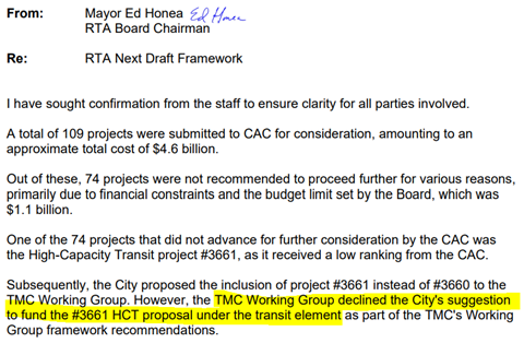 Letter from Mayor Ed Honea, RTA Board Chairman stating TMC Working group declined to fund High Capacity Transit (HCT) proposal