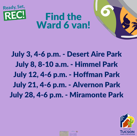 List of parks at Ward 6 for Ready, Set, Rec van in July