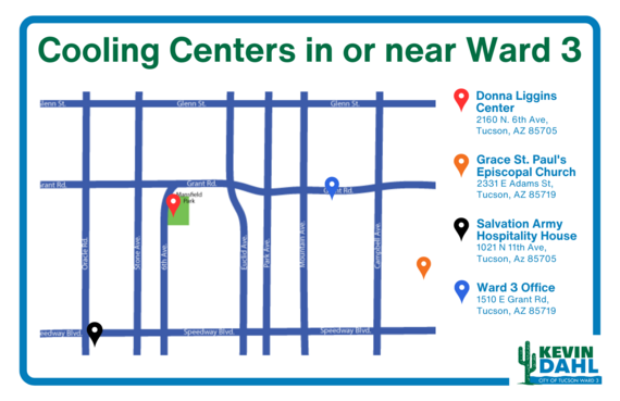 Map of cooling centers in or around Ward 3.