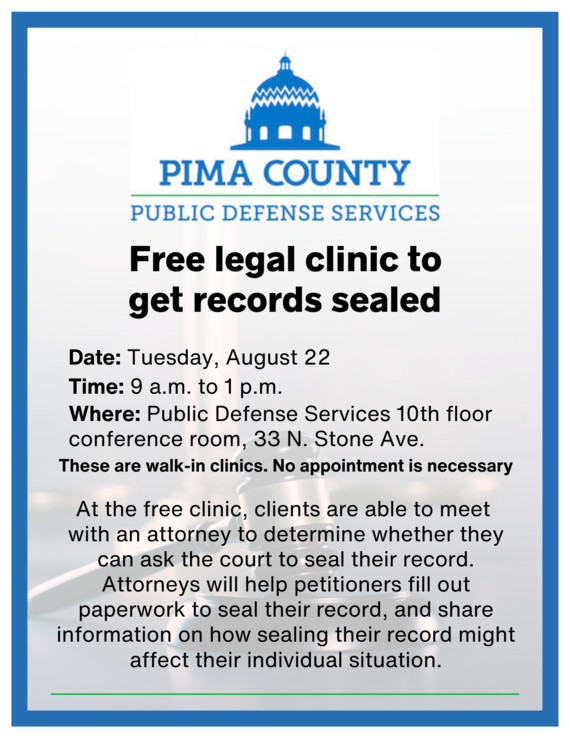 Flyer for Pima County Public Defense clinic on August 22, 2023