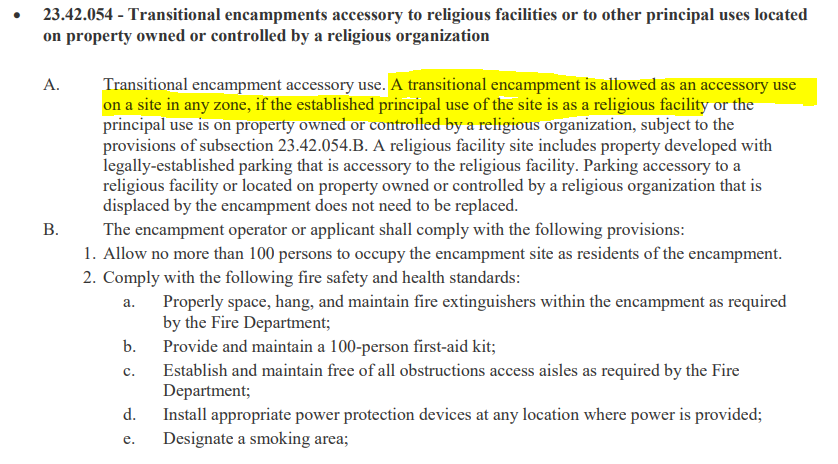 Picture shows City of Seattle's policy that allow transitional encampment on religious facility 