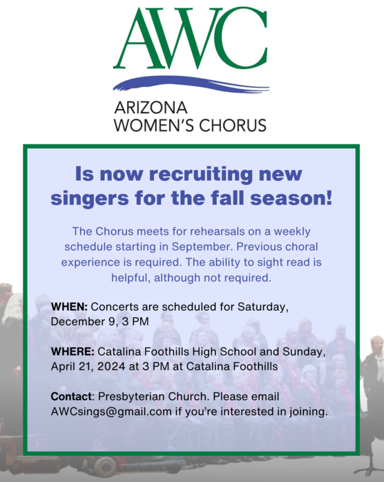 Arizona Women's Chorus flyer for fall recruitment.