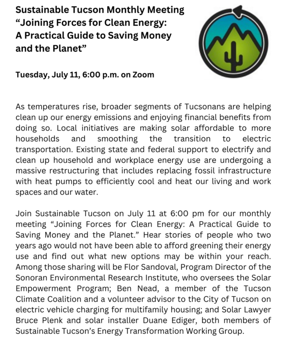 Sustainable Tucson Flyer about their monthly meetings