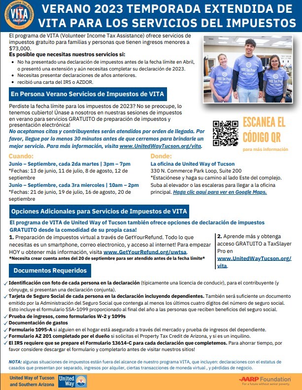 Summer 2023 vita extended tax filing services Flyer Spanish Version