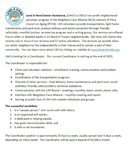 Flyer for Lend A Hand Senior Assistance is looking to hire