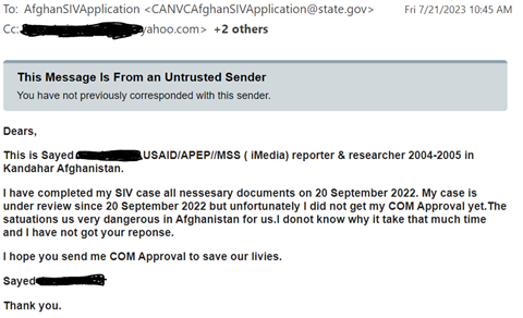 Picture shows the email sent out by one of the Afghans to the state department seeking approval for his case 