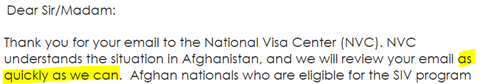 Picture shows email from the National Visa Center (NVC) says the case will be review as quickly as they can