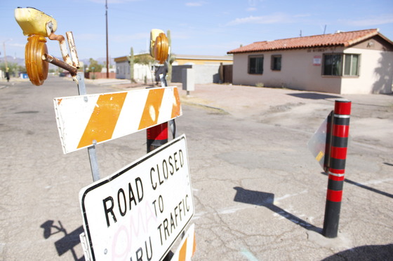 Photo of one of the traffic blockades used at the 11th and Flores neighborhood.