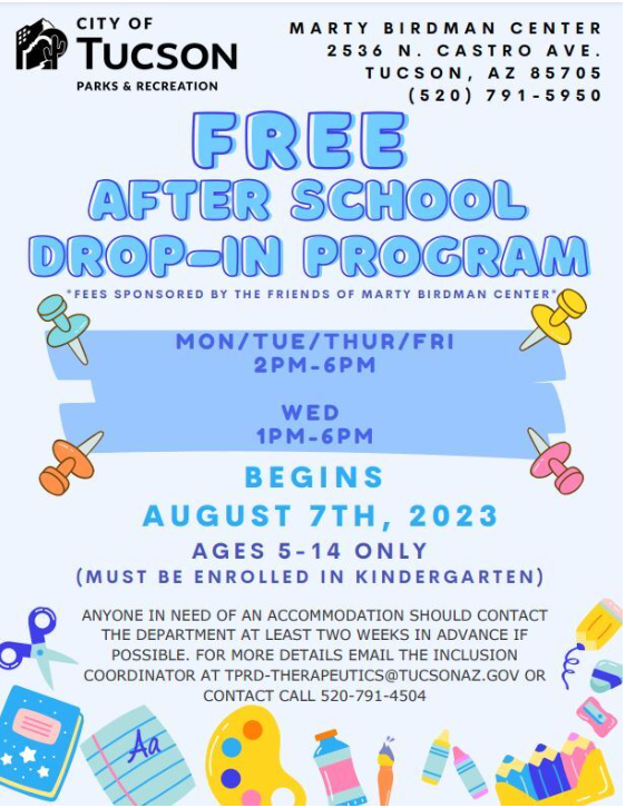 Flyer for Free After School Drop-In Program beginning August 7th