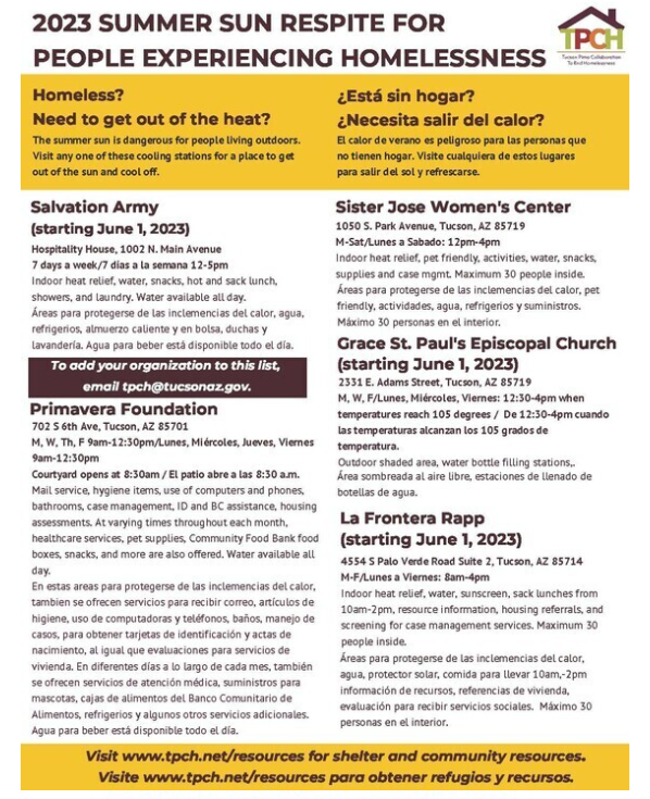 Flyer for Summer Respite and cooling centers in Tucson.