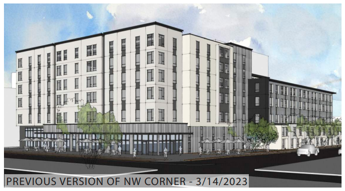 Picture shows previous design of the north west corner of the Capstone student housing project