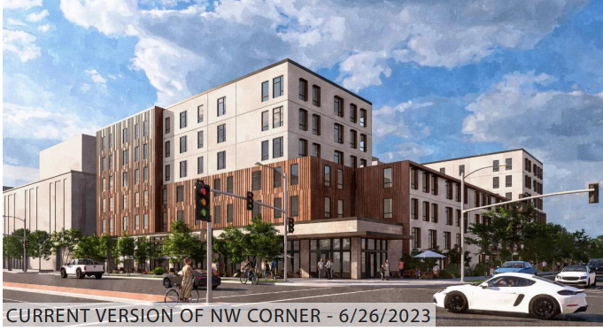 Picture shows current design of the north west corner of the Capstone student housing project