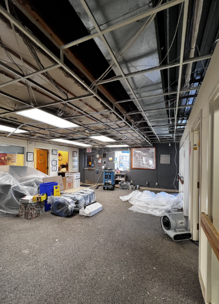 Picture shows the ceilings have removed in the common room at Ward 6 office 