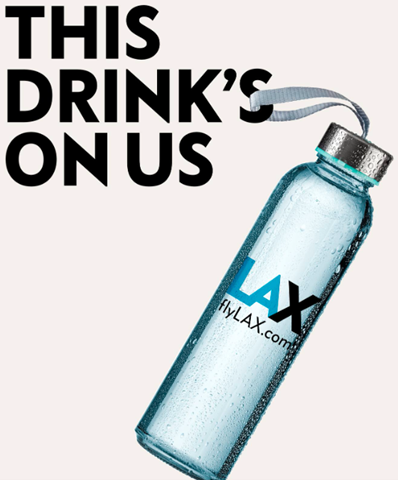 Picture of the reusable water bottle with LAX flyLAX.com printed on the bottle