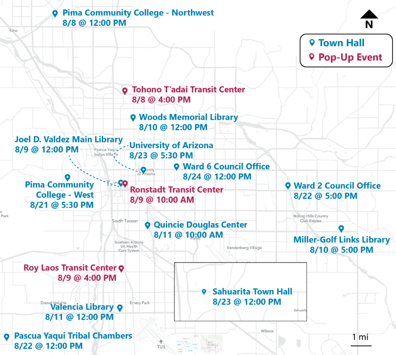 Map shows location where town halls and pop-up events for public input will be held