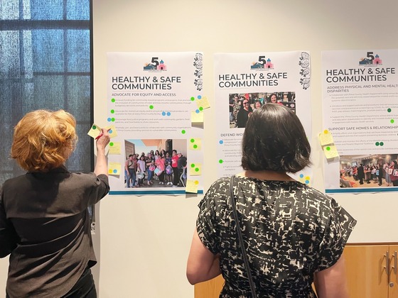 Photo of people standing in front of a wall with posters