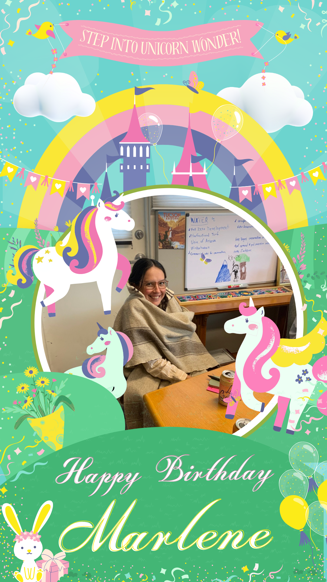 Photo of Marlene bundled up in the ward 3 office.