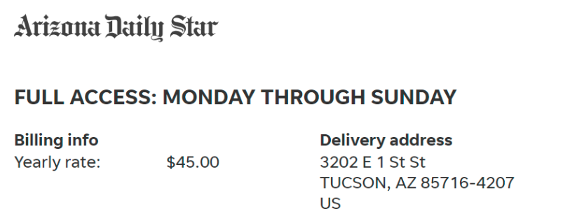 AZ Daily Star online cost list