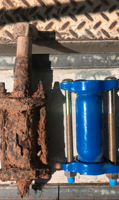 Picture of old and new of a water valve that was leaking before / and is solid and secure after
