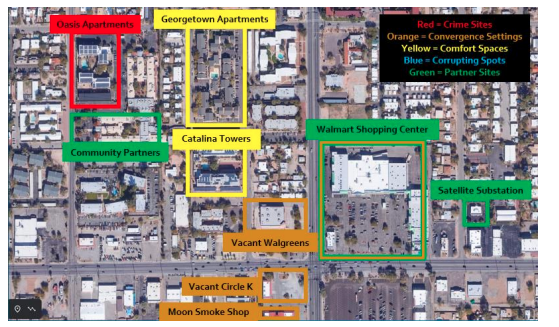 map showing apartments and buildings that are suspected to be part of the network
