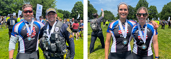 Two photos: one with two men and one with two women, outside on a sunny day wearing bike racing gear and medals around their necks.
