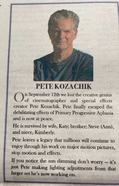 Picture of an obituary in California paper with picture of Pete Kozachik in a blue shirt
