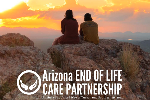 Arizona End of Life Care Partnership Banner with background of 2 people sitting on the rock look at the sunset 