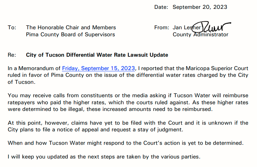 A letter from County Administrator Lesher about City of Tucson Differential Water Rate Lawsuit Update