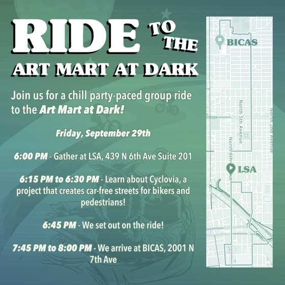 Flier for BICAS after dark art mart ride.