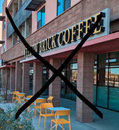 Picture shows  front side of Yellow Brick Coffee with X cross mark 