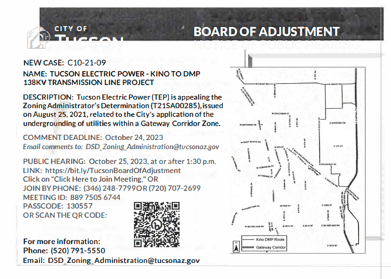 Board of Adjustment Postcard Notification for TEP - Kino to DMP 138KV Transmission Line Project