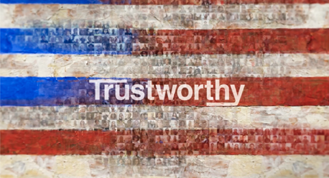 Picture of American Flag water washed with the words Trustworthy in front in white lettering