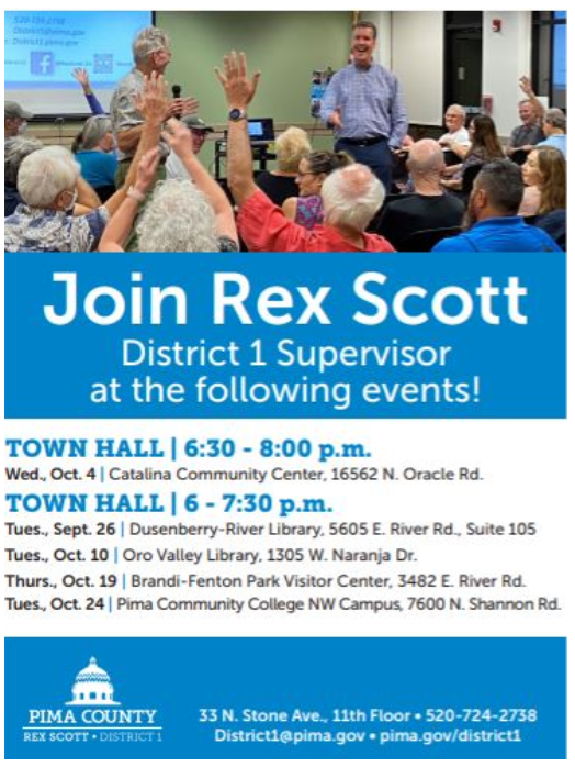 flyer for Town Hall Series With District 1 Supervisor Rex Scott Beginning September 26